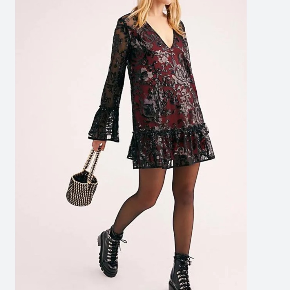 Free People Falling Flowers Sequin & Floral Frock in Brick Red & Black - Medium